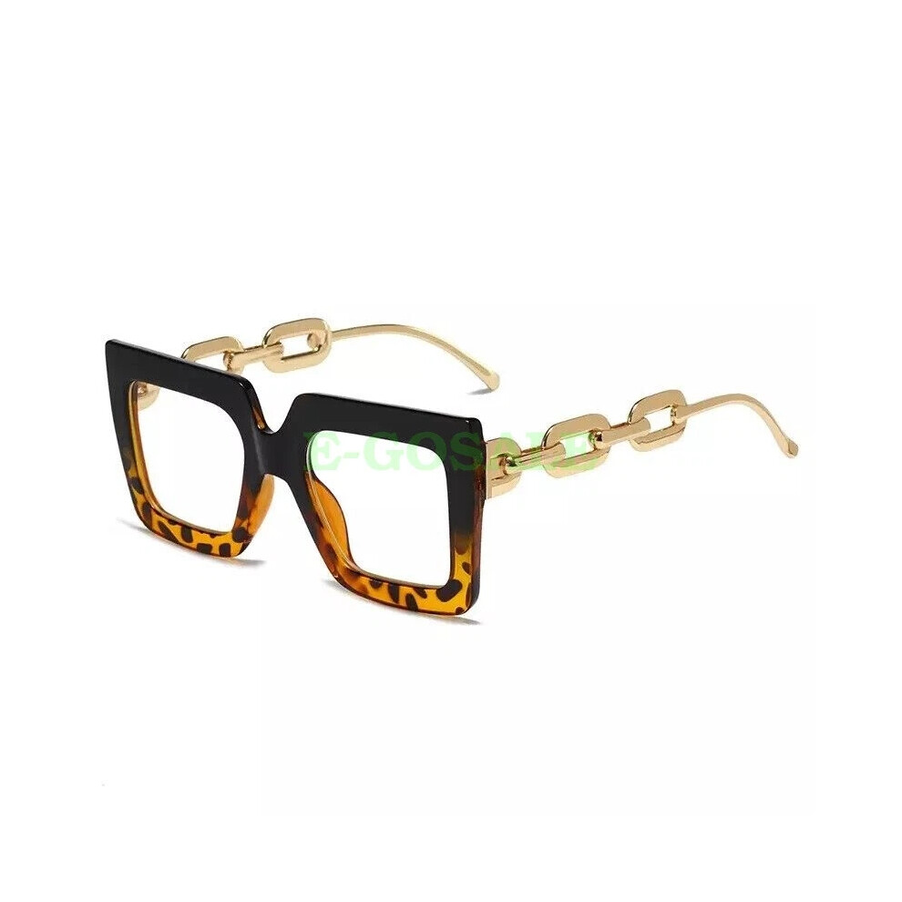 (Black/Leopard Frame + Clear Lens) NEW Large Square Frame Oversized Frame Clear Lens Nerd Geek Glasses