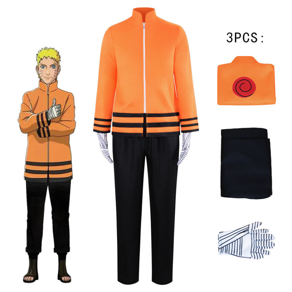 (Medium) Uzumaki Naruto Seventh Hokage Cosplay Costume - Ninja Outfit With Headband For Halloween & Conventions Orange