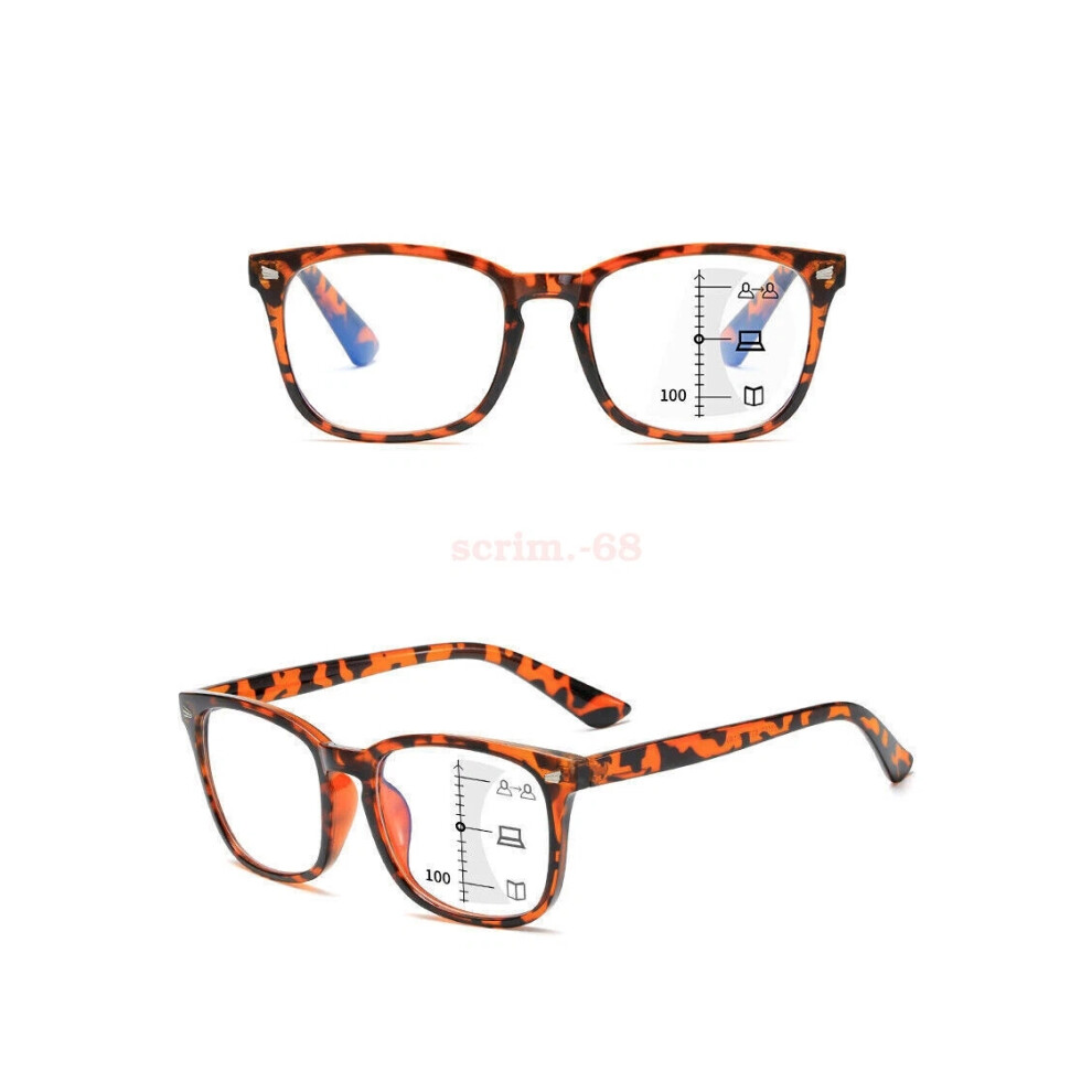 (Leopard, =+3.00 strength) Square Reading Glasses Progressive Multifocus Anti Blue Light Presbyopia +1.0 - +4.0