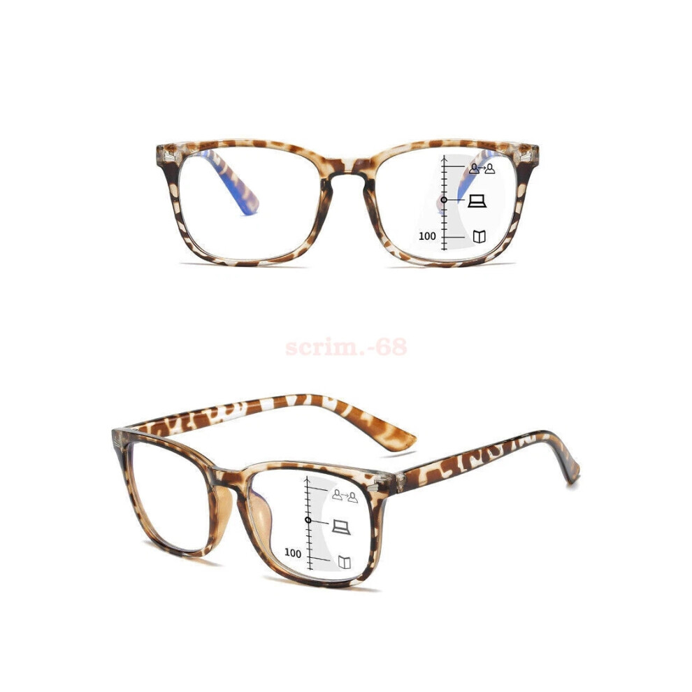 Light/Blue ( Leopard, =+4.00 Strength) Square Reading Glasses Progressive Multifocus Anti Presbyopia +1.0 - +4.0