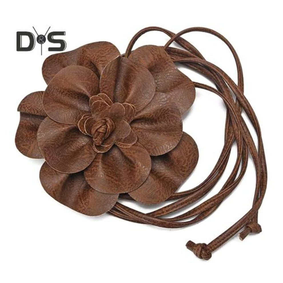 (coffee) Boho Flower Waist Belt For Women Girls Floral Faux Leather Rope Waist Band Wedding Dress Thin Waistband