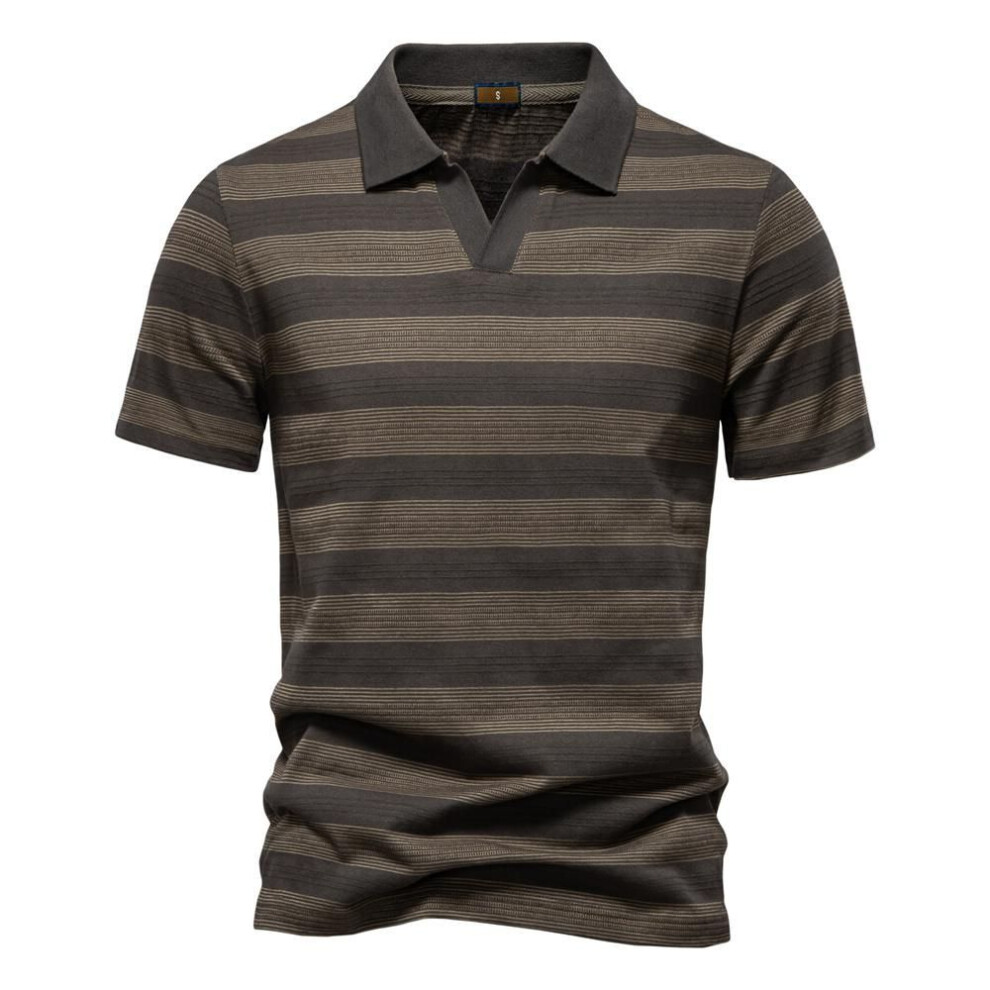 (army green, EUR M 65-75kg) Aiopeson 2025 New Summer Striped V Neck Cotton Polo Shirts For Men Breathable Short Sleeve Casual Men's T Shirts