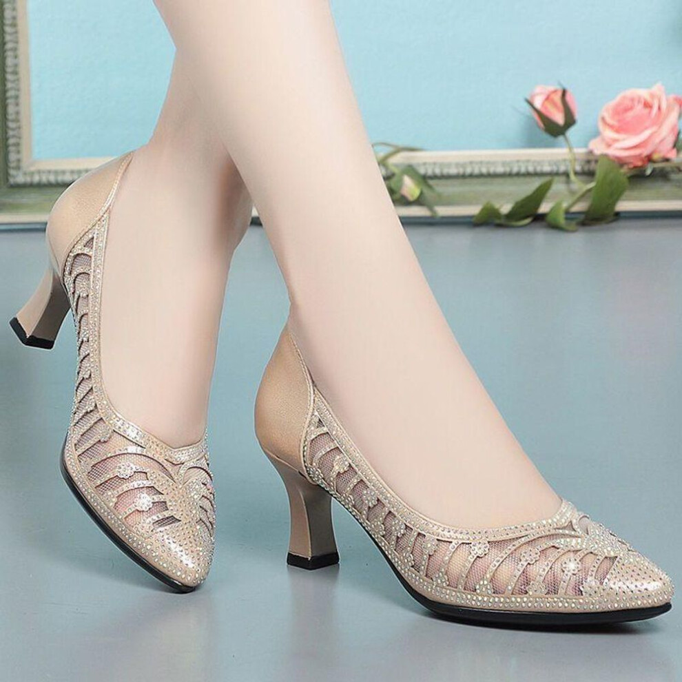 (tan, 38EU/CN39) Summer Mesh Rhinestone Single Shoes Sandals Women's Thick Heel Round Toe Shoes Fashionable Women's Shoes