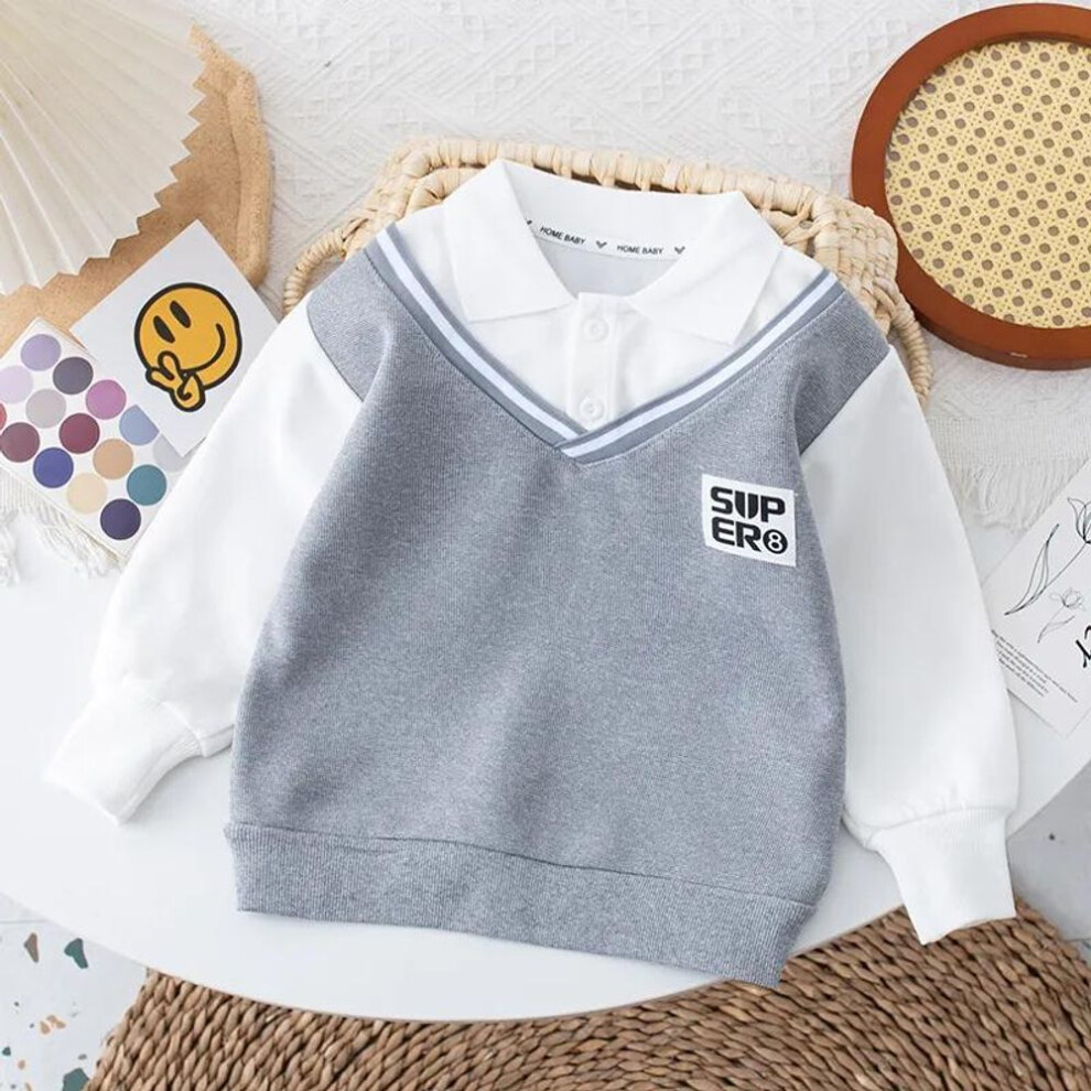 (grey, 100) Spring And Autumn Boys' Sweaters, Children's Polo Shirts, Baby Fake Two-piece Clothes