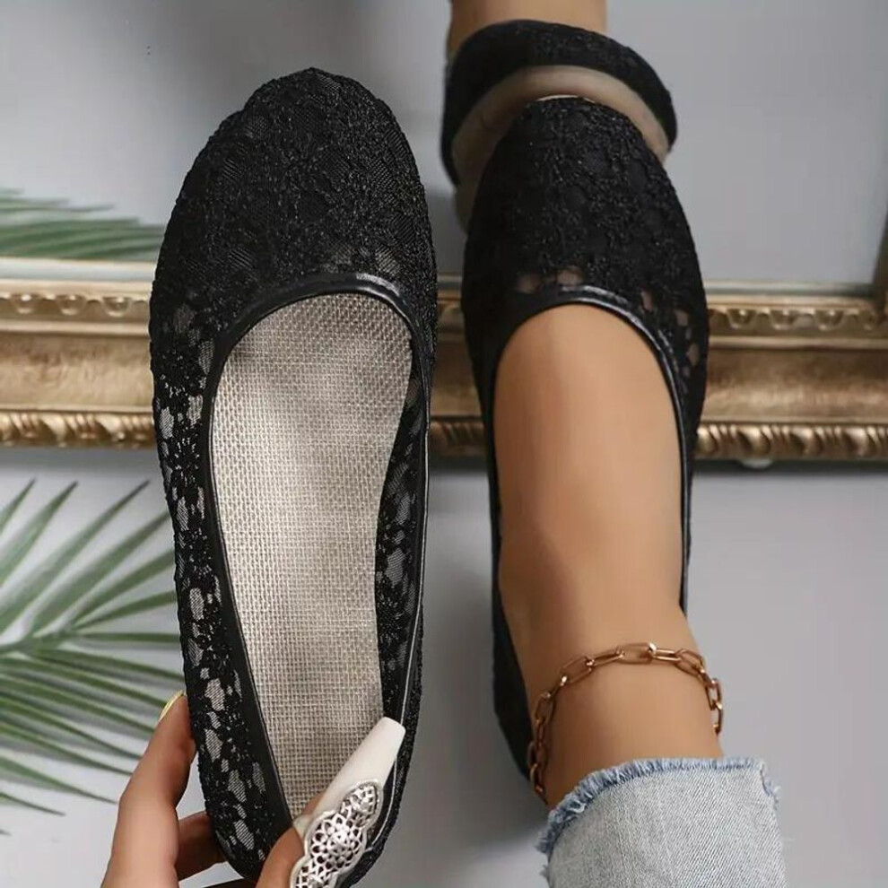 (black, 36) 2024 Spring And Summer New Mesh Round Toe Shallow Mouth Mom's Shoes Slip On Soft Sole Breathable Comfy Flats