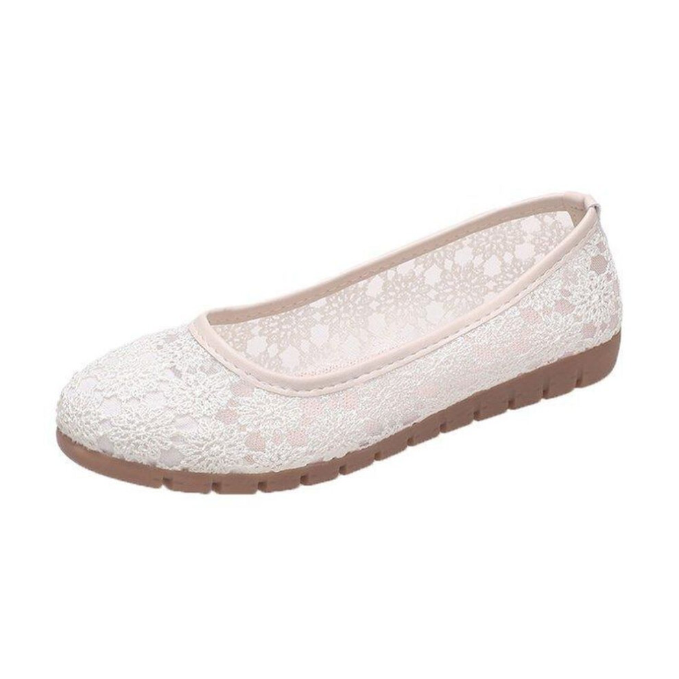 (beige, 36) 2024 Spring And Summer New Mesh Round Toe Shallow Mouth Mom's Shoes Slip On Soft Sole Breathable Comfy Flats
