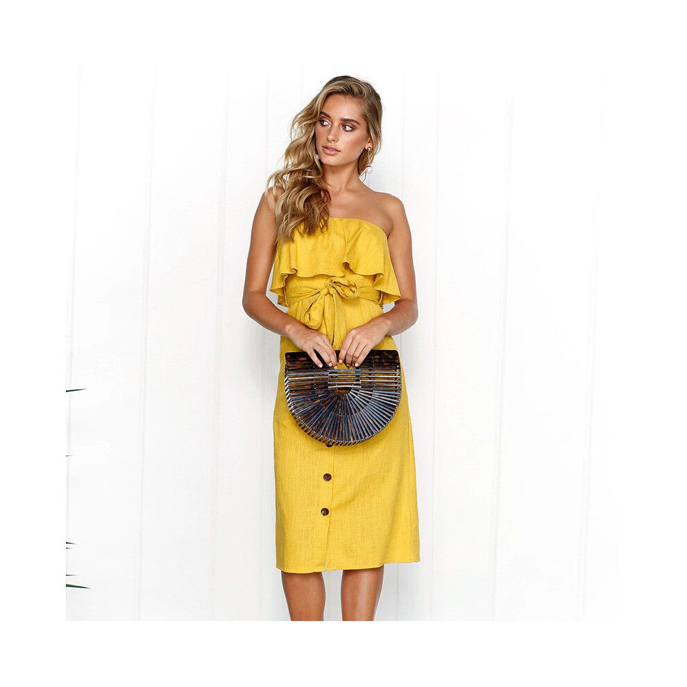 (Yellow,S)Ladies Summer Off Shoulder Ruffle Bandot Pencil Dress Beach Women Sundress Midi
