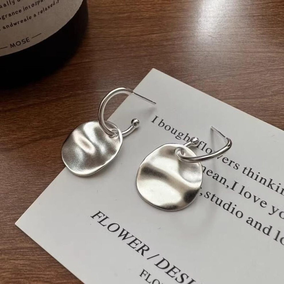 (white) Anenjery Geometric Frosted Pleated Irregular Round Earrings For Women Versatile Temperament Fashionable Party Jewelry Gifts