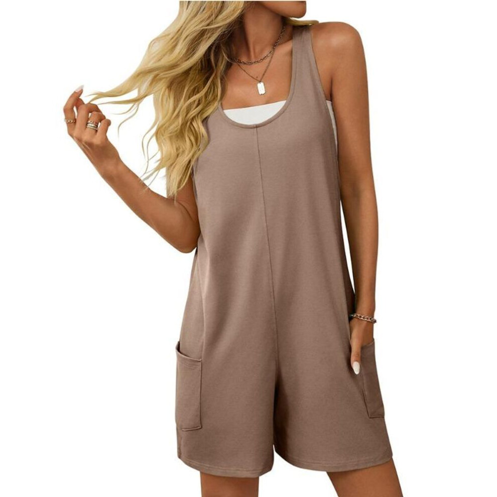 (M, khaki) Women's Summer New Loose Casual Pants Backless Outdoor Sleeveless Jumpsuit