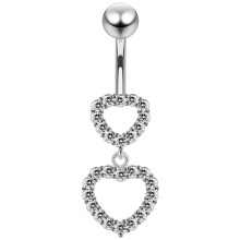 (Clear, Silver) Double Heart Dangling Belly Ring