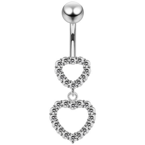 (Clear, Silver) Double Heart Dangling Belly Ring