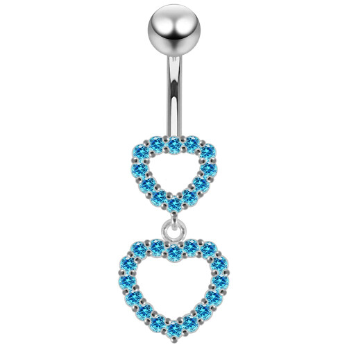 (Aqua, Yellow Gold) Double Heart Dangling Belly Ring 2
