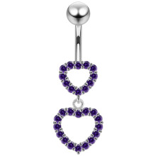 (Purple, Silver) Double Heart Dangling Belly Ring