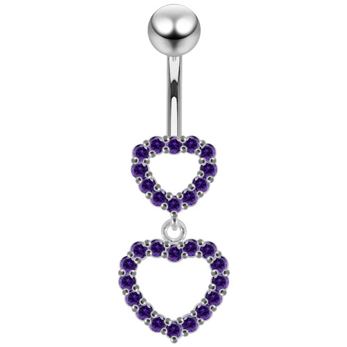 (Purple, Silver) Double Heart Dangling Belly Ring
