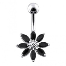 (Peridot, Silver) Silver Jewelled Flower With SS Curved Bar Belly Ring