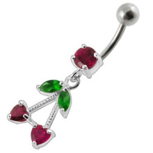 (Clear, Silver) Fancy Jewelled Double Heart Stone Dangling SS Bar Belly Ring Body Jewelry