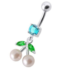 (Clear, Silver) Fancy Mix Jewelled PEARL Dangling With Curved Navel Ring