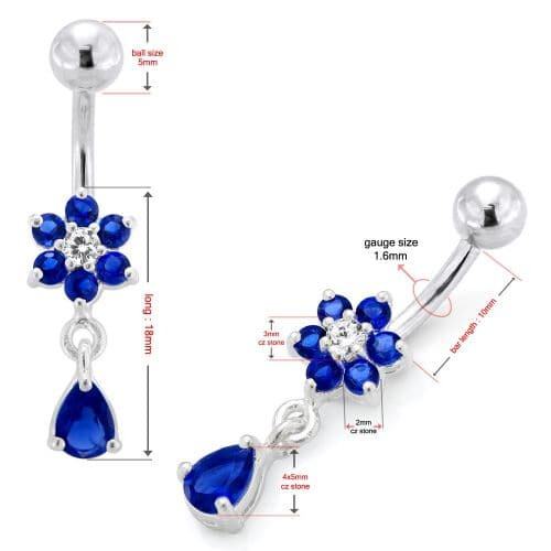 (Emerald, Silver) Fancy Flower Silver Dangling With SS Belly Ring 1