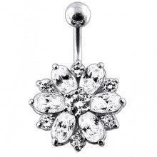 (Clear, Silver) Fantasy Silver Jewelled Flower Non-Moving Belly Ring