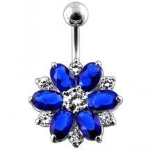 (Dark Blue, Silver) Fantasy Silver Jewelled Flower Non-Moving Belly Ring