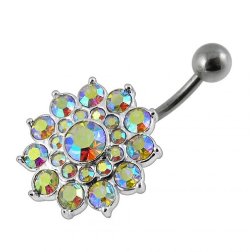 (Peridot, Yellow Gold) Multi Layered Flower Non-Moving Belly Ring 1