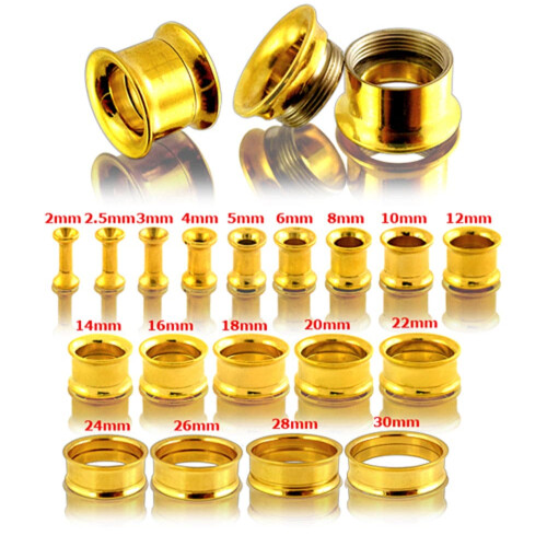 (18mm, Single) 316L Surgical Steel Double Flared Gold Internally Threaded Tunnel 2