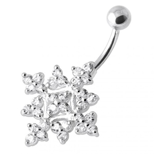 (Red, Silver) Multi Jewelled Big Flower Non Dangling Belly Bar