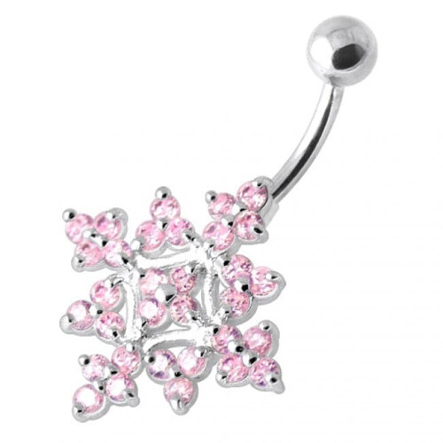 (Red, Silver) Multi Jewelled Big Flower Non Dangling Belly Bar 2
