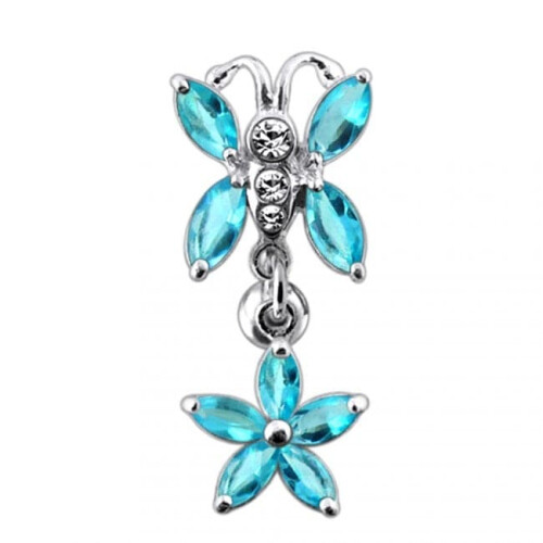 (Emerald, Silver) Butterfly Flower Dangling Belly Ring 2