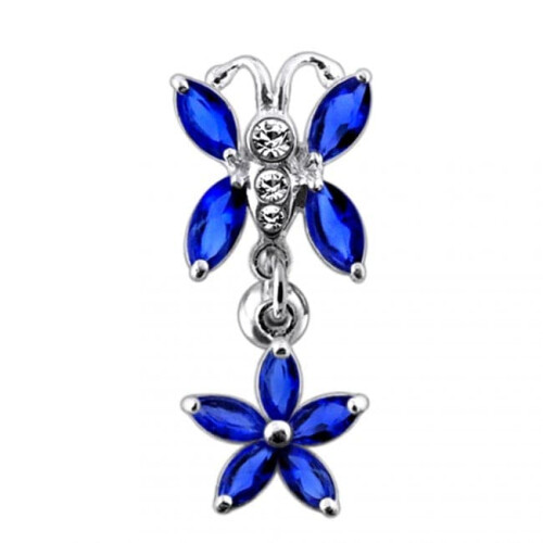 (Clear, Silver) Butterfly Flower Dangling Belly Ring