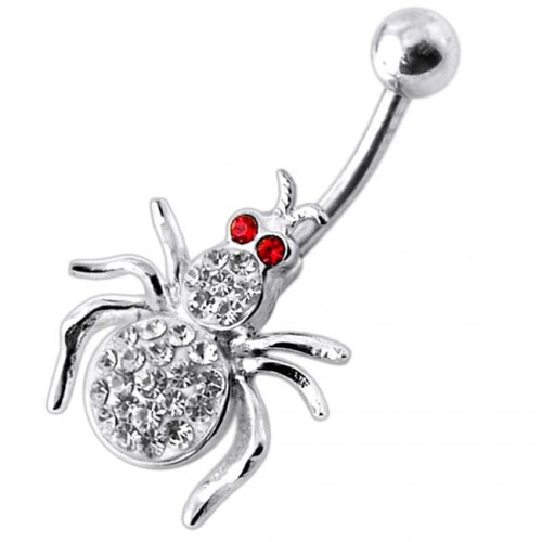 (Emerald, Silver) Jewelled Spider Silver Belly Ring 1