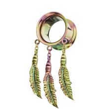 (12mm, Pair) 316L Surgical Steel Rainbow Dangling Leaves Internally Threaded Tunnel