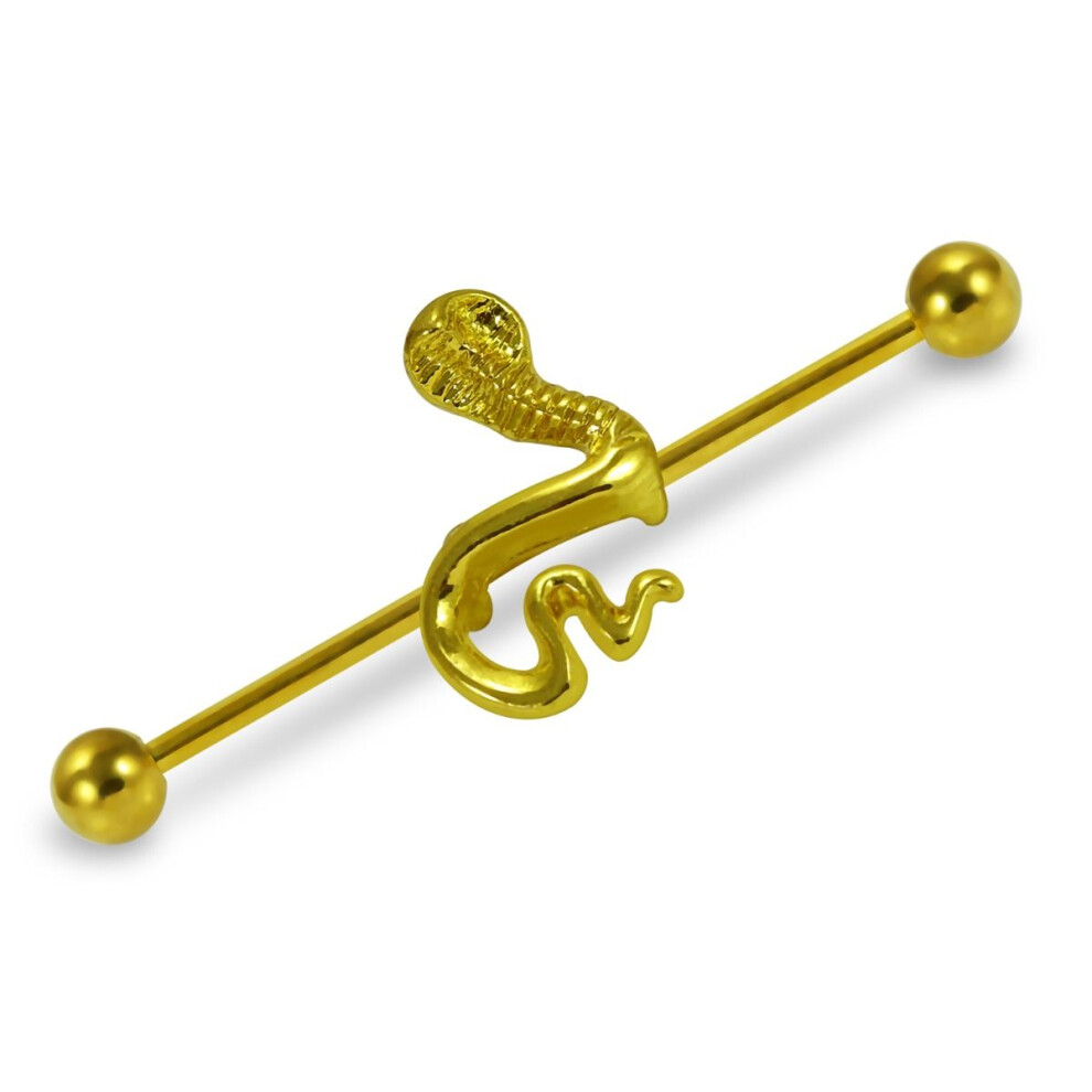 (Gold, Single Piece) 316L Surgical Steel Cobra Industrial Barbell-image-OPC-PHDXFWJ-NEW