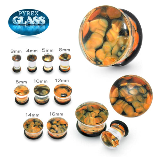(5mm, Pair) Pyrex Glass Pebble Orange and Black Ear Plug 2