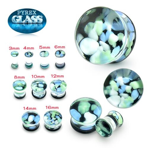 (3mm, Pair) Pyrex Glass Marine & Black Pebble Ear Plug 2
