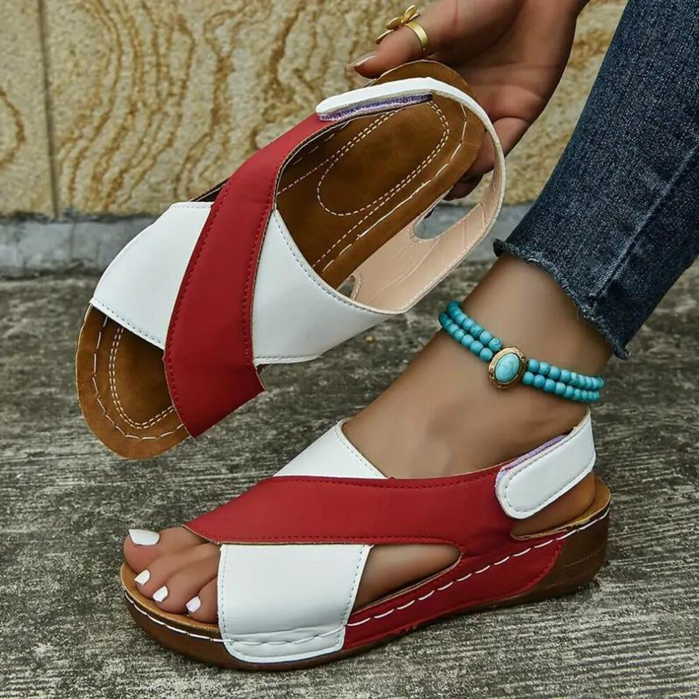(red, 41) Women's Colorblock Trendy Sandals Platform Soft Sole Walking Shoes Comfort Crisscross Wedge Beach Shoes