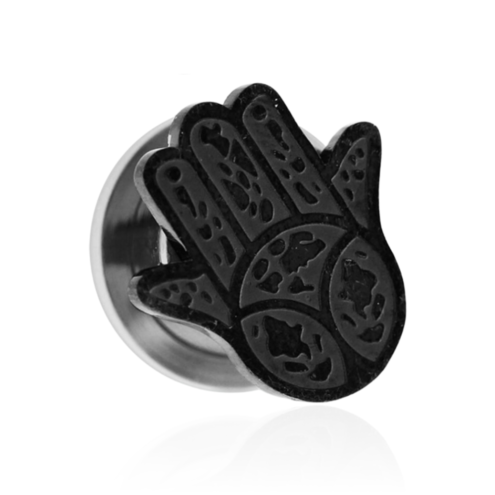 (4mm, Pair) 316L Surgical Steel Black Hamsa Hand Internally Threaded Tunnel-image-OPC-PHDXGKN-NEW