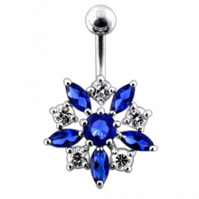 (Aqua, Silver) Sterling Silver Jewelled Flower Non-Moving SS Banana Bar Belly Ring