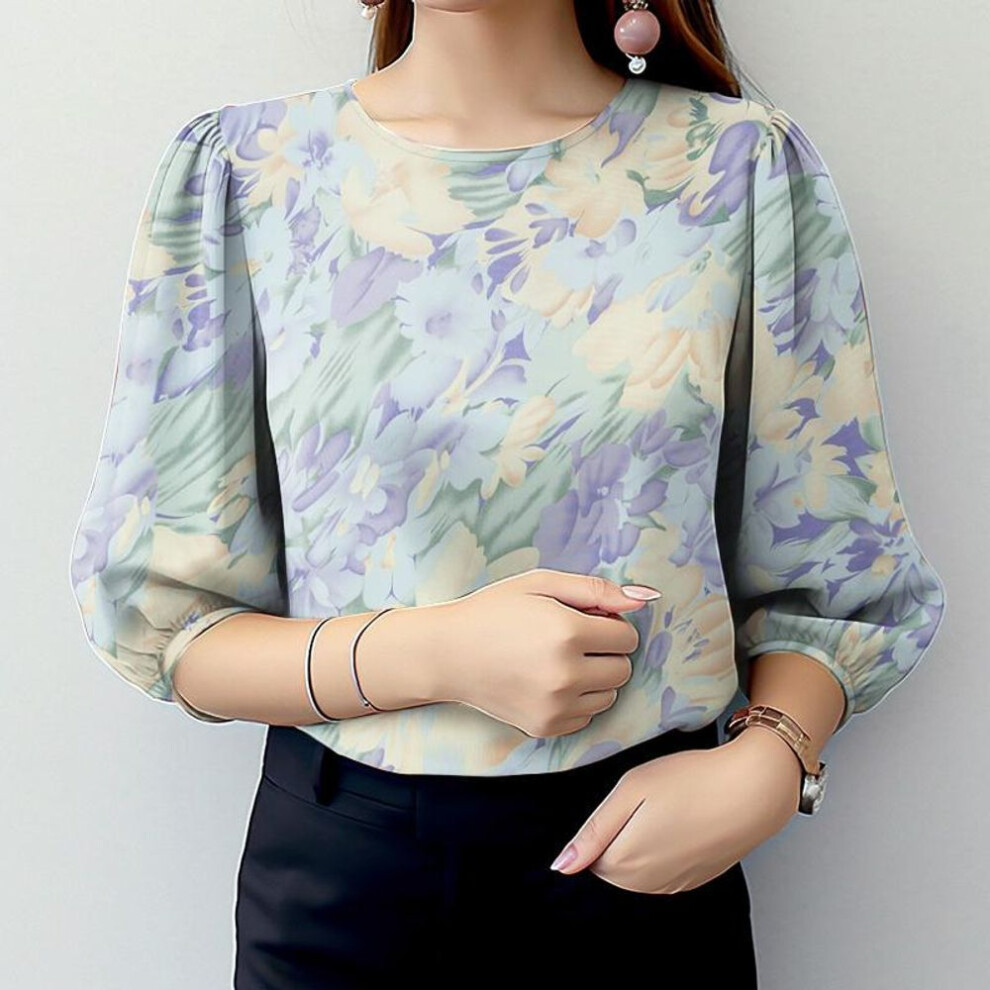 (S, blue) Zanzea Women Floral Print Loose Casual 3/4 Sleeve Blouse