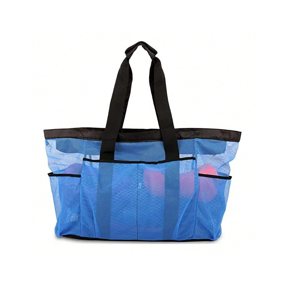 (Blue) Extra Large Mesh Beach Bag with Multiple Pockets Outdoor Sprots Gym Swimming Storage Bag Travel Picnic Tote Bag