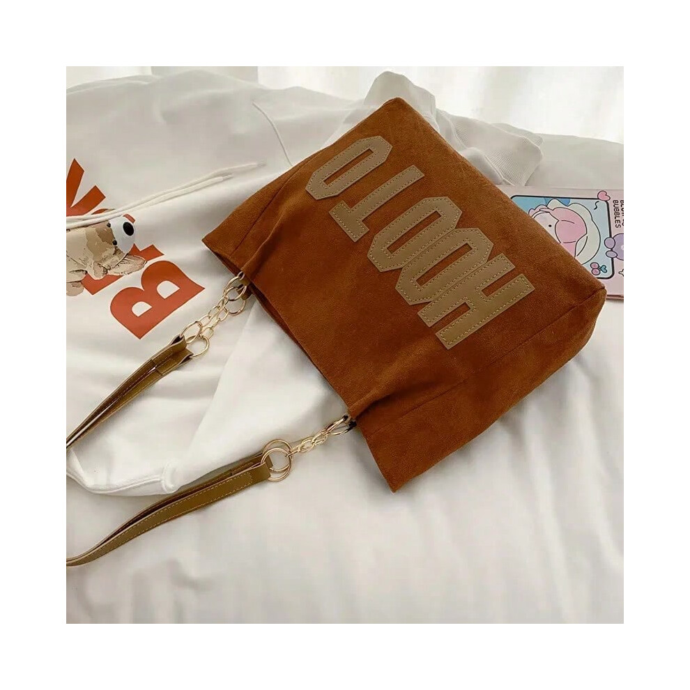 (Coffee, 28X25X9cm) Solid Color Shoulder Bag, Trendy Letters Tote Bag, Canvas Campus Handbag for Women, Office,College,Work,Travel Hand Bags Bolsa