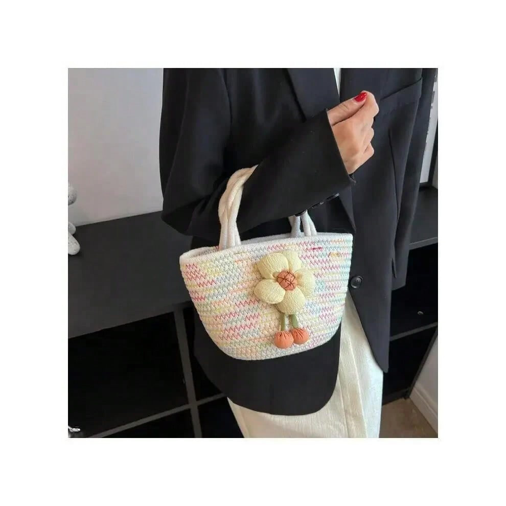 (C) Large-Capacity Spring Summer Straw Tote Bag Beach Vacation Shopping Commuting Use Canvas Shoulder Bag for Women