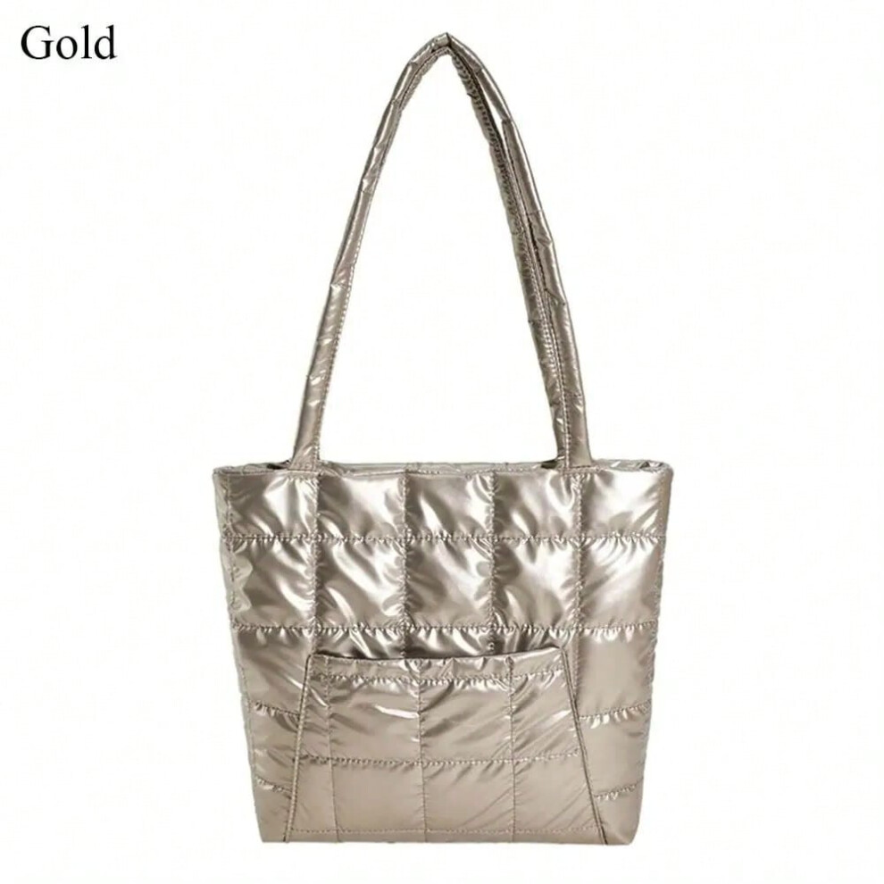 (gold) Girls Shopping Bags Underarm Bags Women Large Capacity Shoulder Bag Quilted Handbags Casual Down Cotton Padded Tote Bags