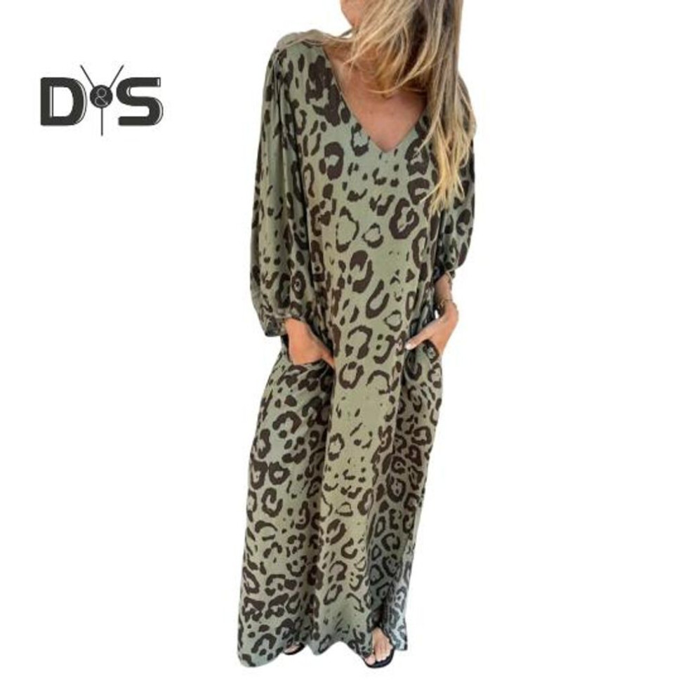 (army green, XXL) Women's Leopard Print Dress V-neck Long Sleeve Maxi Dress Casual Loose Fit Spring Summer Dress For Office Daily Wear Vacation Party