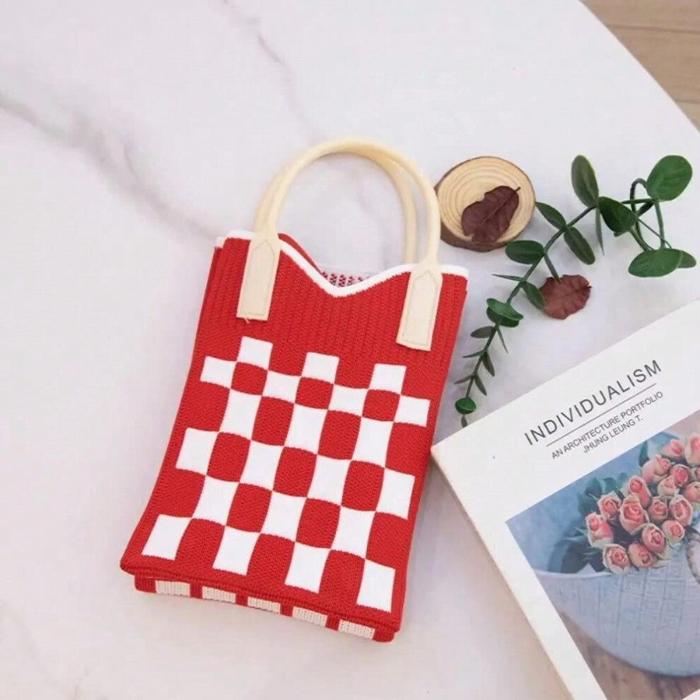(red) Fashion Geometric Pattern Women's Knitted Handbag Female Woven Shopper Purse Design Chain Shoulder Crossbody Bag