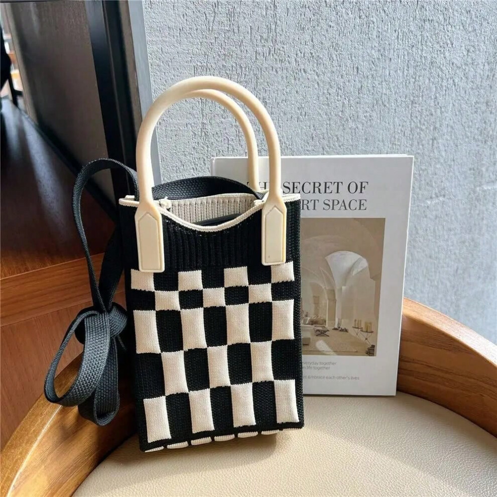 (black) Fashion Geometric Pattern Women's Knitted Handbag Female Woven Shopper Purse Design Chain Shoulder Crossbody Bag