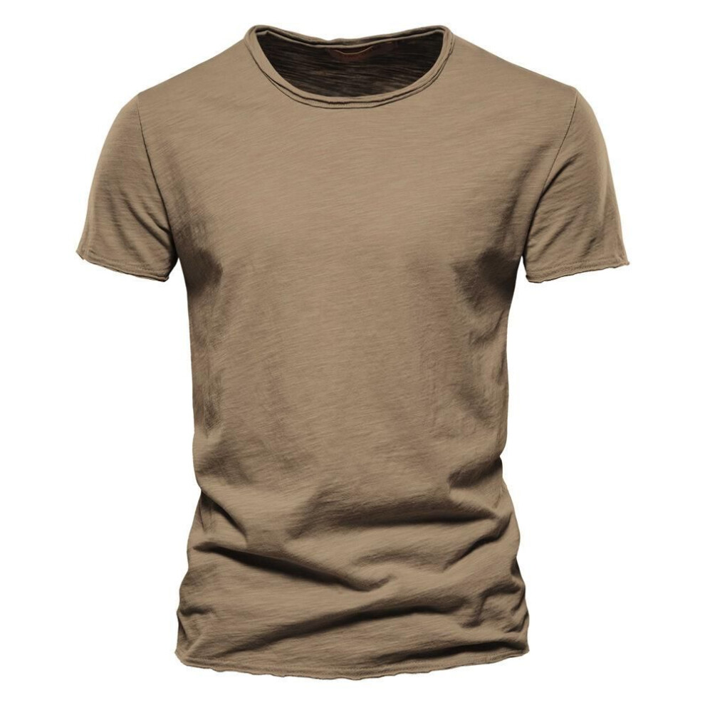 (camel, L) Summer New Solid Color Short Sleeved Men's Slim Fit Bamboo Cotton Fashionable Casual Men's T-shirt