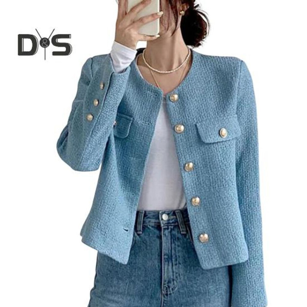 (blue, XL) Fall Spring Women Coat Single-breasted Long Sleeves Solid Color Cardigan Loose Ol Commuting Style Dating Shopping Jacket