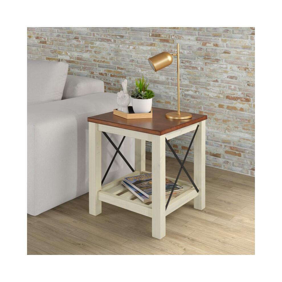 Mercers Furniture Cottage White/Cream Painted Pine Lamp Table – Wooden Side Table with Storage Shelf – 60H x 50W x 50D cm