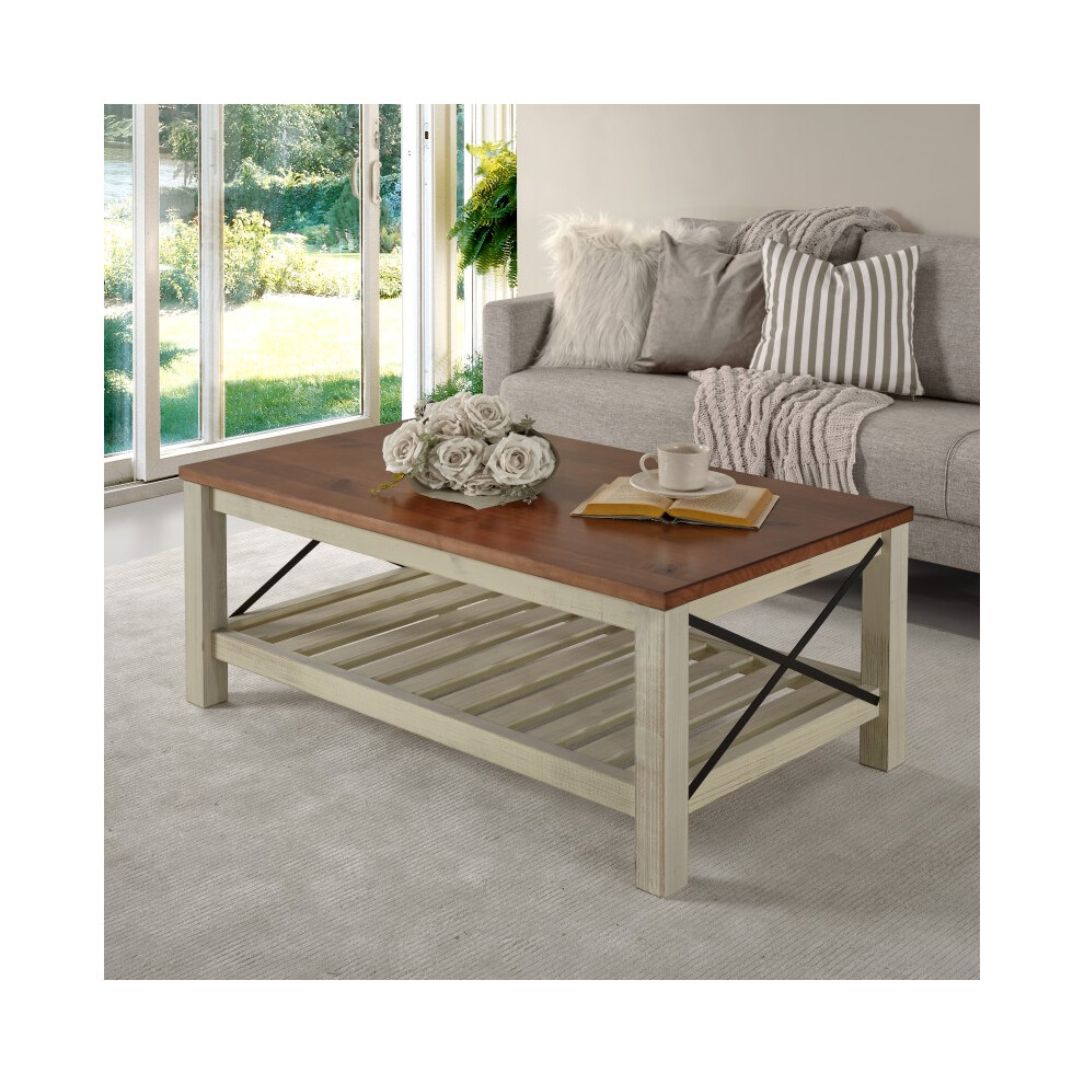 Mercers Furniture Cottage White/Cream Painted Pine Coffee Table – Wooden with Storage Shelf – 46H x 107W x 61D cm